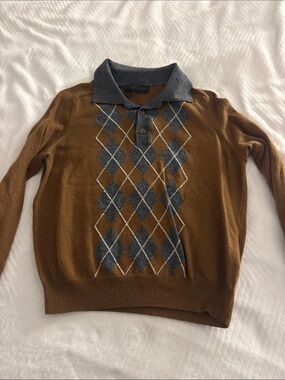 Zara Tan Brown V-Neck Argyle Polo Sweater with Gray Collar
